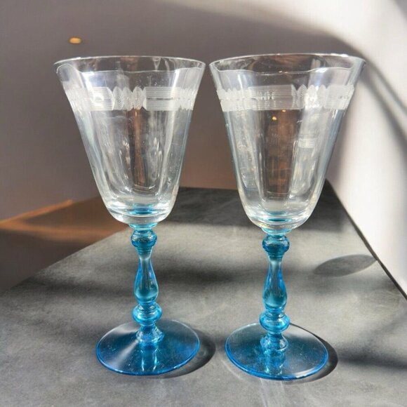 Antique Tiffin Franciscan Tall Blue Stem 2 Glasses Etched Manganese 365nm UV - Picture 3 of 15